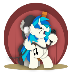 Size: 2480x2467 | Tagged: safe, artist:bobthedalek, dj pon-3, octavia melody, vinyl scratch, earth pony, pony, unicorn, bipedal, cello, eyes closed, female, hoof hold, mare, microphone, musical instrument, simple background, singing, stage, transparent background, vector