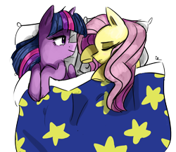 Size: 2082x1804 | Tagged: safe, artist:pandaamanda11, derpibooru import, fluttershy, twilight sparkle, twilight sparkle (alicorn), alicorn, pegasus, pony, bed, female, lesbian, mare, shipping, twishy