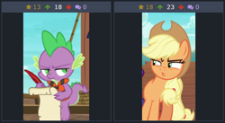 Size: 464x255 | Tagged: safe, derpibooru import, applejack, spike, dragon, earth pony, pony, ppov, derpibooru, exploitable meme, juxtaposition, meme, meta