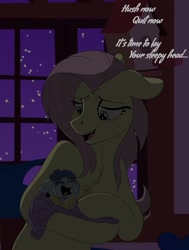 Size: 1392x1846 | Tagged: safe, artist:pastel-charms, fluttershy, oc, oc:low-key paradox, hybrid, pegasus, pony, baby, baby draconequus, crying, female, holding, hush now quiet now, interspecies offspring, lullaby, male, mother and child, mother and son, night, offspring, parent and child, parent:discord, parent:fluttershy, parents:discoshy