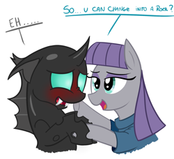 Size: 1600x1456 | Tagged: safe, artist:radek1212, maud pie, thorax, changeling, earth pony, pony, the times they are a changeling, blushing, clothes, crack shipping, dialogue, female, looking at each other, mare, maudrax, nose wrinkle, open mouth, out of character, rock, rock shipping, scaroused, shipping, simple background, smiling, that pony sure does love rocks, this will end in snu snu, white background