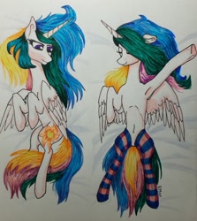 Size: 1280x1437 | Tagged: safe, artist:rainbowmoron, princess celestia, alicorn, pony, armpits, body pillow, body pillow design, clothes, dakimakura cover, marker drawing, socks, solo, striped socks, traditional art