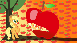 Size: 1920x1080 | Tagged: artist needed, source needed, safe, applejack, earth pony, pony, apple, apple tree, food, irony, tree