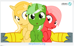 Size: 2443x1517 | Tagged: safe, artist:arifproject, gabby, oc, oc:downvote, oc:favourite, oc:upvote, griffon, pony, cute, derpibooru, derpibooru ponified, it begins, meme origin, meta, ponified, trio, varying degrees of want