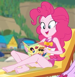 Size: 705x730 | Tagged: safe, screencap, feather bangs, pinkie pie, better together, equestria girls, friendship math, barefoot, clothes, cropped, feet, legs, magazine, soles, solo, swimsuit