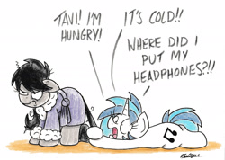 Size: 2192x1558 | Tagged: safe, artist:bobthedalek, dj pon-3, octavia melody, vinyl scratch, earth pony, pony, unicorn, annoyed, bathrobe, clothes, dialogue, duo, female, floppy ears, frown, mare, messy mane, octavia is not amused, prone, robe, simple background, tail, tail pull, unamused, whining, white background, yelling