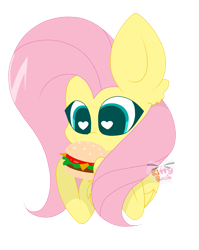 Size: 3216x4032 | Tagged: safe, artist:kittyrosie, fluttershy, pegasus, pony, burger, female, food, heart eyes, mare, ponies eating meat, simple background, solo, transparent background, wingding eyes