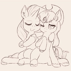 Size: 4000x4000 | Tagged: safe, artist:cigitia, applejack, rarity, earth pony, pony, unicorn, cuddling, eyes closed, female, lesbian, monochrome, one eye closed, rarijack, shipping