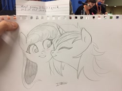 Size: 1280x960 | Tagged: safe, artist:imalou, dj pon-3, octavia melody, vinyl scratch, earth pony, pony, unicorn, blushing, cute, female, kissing, lesbian, mare, scratchtavia, shipping, sketch, sketches from a hat, tavibetes, traditional art, vinylbetes