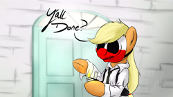 Size: 6400x3600 | Tagged: safe, artist:theravencriss, applejack, earth pony, pony, absurd resolution, clothes, crossover, door, female, lighter, mare, mask, payday, payday 2, reservoir dogs, solo