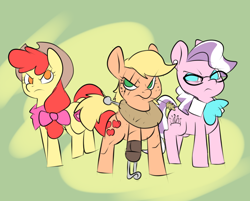 Size: 1026x825 | Tagged: safe, artist:metal-kitty, apple bloom, applejack, diamond tiara, earth pony, pony, abstract background, alternate universe, amputee, angry, bandana, cowboy hat, eye scar, eyestrain warning, female, glasses, hat, haystick, mare, neckerchief, older, older apple bloom, older diamond tiara, peg leg, prosthetic leg, prosthetic limb, prosthetics, scar, story included, trio