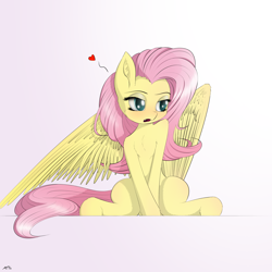 Size: 3300x3300 | Tagged: safe, artist:maneingreen, fluttershy, pegasus, pony, blushing, chest fluff, cute, cute little fangs, fangs, heart, solo, wings, wolf teeth