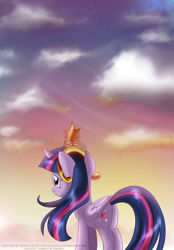 Size: 988x1423 | Tagged: safe, artist:tiffanymarsou, derpibooru import, twilight sparkle, twilight sparkle (alicorn), alicorn, pony, big crown thingy, cloud, dawn, jewelry, regalia, solo, twilight (astronomy)