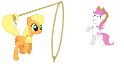 Size: 4813x2500 | Tagged: safe, artist:petraea, applejack, oc, oc:sundance, earth pony, pony, applejack's hat, cowboy hat, female, hat, high res, lasso, mare, rope, simple background, transparent background, vector