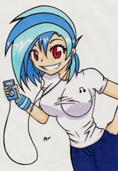 Size: 1024x1483 | Tagged: safe, artist:inkytentaclemonster, dj pon-3, vinyl scratch, human, belly button, blue jeans, breasts, clothes, cutie mark, cutie mark on clothes, earbuds, female, grin, humanized, ipod, missing accessory, mp3 player, pants, red eyes, smiling, solo, t-shirt, vinyl stacked, wrong eye color