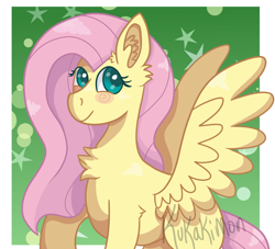 Size: 1650x1500 | Tagged: safe, artist:kukakimon, fluttershy, pegasus, pony, abstract background, blush sticker, blushing, chest fluff, ear fluff, female, looking away, looking up, mare, signature, smiling, solo, spread wings, wings