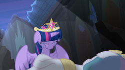 Size: 1920x1080 | Tagged: safe, screencap, princess celestia, twilight sparkle, twilight sparkle (alicorn), alicorn, pony, princess twilight sparkle (episode), big crown thingy, castle of the royal pony sisters, crying, deadlestia, death, element of magic, jewelry, regalia, sad