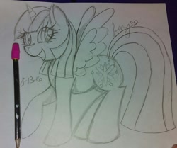 Size: 960x803 | Tagged: safe, artist:phoenixskywriter, derpibooru import, twilight sparkle, twilight sparkle (alicorn), alicorn, pony, monochrome, pencil drawing, solo, traditional art