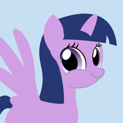 Size: 512x512 | Tagged: safe, edit, twilight sparkle, twilight sparkle (alicorn), alicorn, pony, :t, avatar, blue background, derpibooru, derpibooru background pony icon, faic, female, looking at you, mare, meta, missing cutie mark, simple background, smiling, smirk, solo, spread wings, twiface, wat, wrong neighborhood