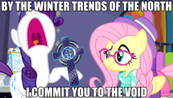 Size: 1920x1080 | Tagged: safe, artist:dwk, edit, edited screencap, screencap, fluttershy, rarity, pegasus, pony, unicorn, fake it 'til you make it, alternate hairstyle, cross, exorcism, gucci, hipstershy, image macro, meme, text, totally legit recap, youtube link