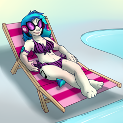 Size: 1000x1000 | Tagged: safe, artist:aggrobadger, dj pon-3, vinyl scratch, anthro, plantigrade anthro, barefoot, belly button, bikini, clothes, feet, human to anthro, human to pony, solo, swimming pool, swimsuit, transformation