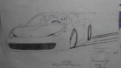 Size: 2560x1440 | Tagged: safe, artist:forzaveteranenigma, fluttershy, equestria girls, car, drifting, driving, ferrari, ferrari 458 italia, solo, supercar, traditional art