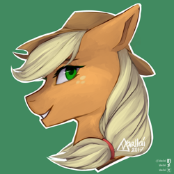 Size: 1500x1500 | Tagged: safe, artist:varllai, applejack, earth pony, pony, bust, female, green background, hat, mare, portrait, profile, simple background, smiling, solo