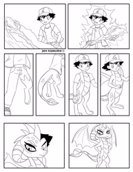 Size: 2550x3300 | Tagged: safe, artist:foxbeast, dragon lord ember, princess ember, dragon, human, anime, ash ketchum, bloodstone scepter, character to character, comic, crossover, human to dragon, lineart, magic, male to female, monochrome, nintendo, pokémon, rule 63, simple background, solo, transformation, transgender transformation, wat, white background