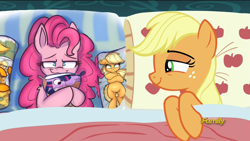 Size: 1920x1080 | Tagged: safe, artist:heir-of-rick, derpibooru import, edit, edited screencap, screencap, applejack, pinkie pie, twilight sparkle, earth pony, pony, 28 pranks later, applejack's bed partner, applepie, bed, bedroom eyes, body pillow, exploitable meme, female, jackjack, lesbian, meme, pillow, recursion, shipping, twinkie, we need to go deeper