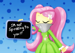 Size: 1600x1131 | Tagged: safe, artist:jucamovi1992, fluttershy, equestria girls, alternate hairstyle, bubbles (powerpuff girls), chalkboard, clothes, eyes closed, female, flea collar, sign, solo, the powerpuff girls