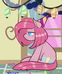 Size: 540x651 | Tagged: safe, artist:incapacitatedvixen, pinkie pie, earth pony, pony, party of one, crying, female, hat, mare, no pupils, party hat, pinkamena diane pie, sad, side view, sitting, solo