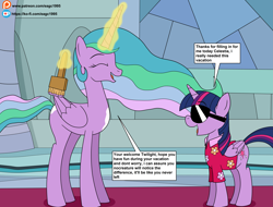 Size: 4513x3429 | Tagged: safe, artist:eagc7, princess celestia, twilight sparkle, twilight sparkle (alicorn), alicorn, pony, the last problem, brush, clothes, comic, dialogue, disguise, duo, duo female, female, hawaiian shirt, ko-fi, mare, paint, paint on fur, patreon, plot twist, shade, shirt, text, that explains everything, throne room, what a twist