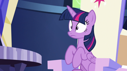 Size: 1280x720 | Tagged: safe, derpibooru import, screencap, twilight sparkle, twilight sparkle (alicorn), alicorn, pony, 28 pranks later, solo, wide eyes