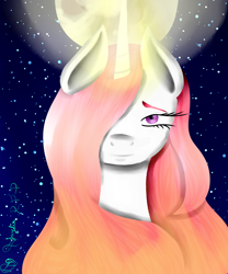 Size: 3000x3600 | Tagged: safe, artist:prismicdiamondart, princess celestia, alicorn, pony, bust, eyelashes, female, full moon, glowing horn, horn, mare, moon, night, pink-mane celestia, signature, solo, stars