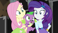 Size: 1280x718 | Tagged: safe, screencap, fluttershy, rarity, spike, spike the regular dog, dog, equestria girls, movie magic, spoiler:eqg specials, belt, clothes, female, paws, skirt, smiling