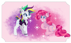 Size: 2636x1621 | Tagged: safe, artist:sinalaa, pinkie pie, rarity, earth pony, pony, unicorn, it isn't the mane thing about you, abstract background, alternate hairstyle, couple, cute, eyelashes, female, glow, happy, lesbian, looking at each other, mare, punk, raised hoof, raripie, raripunk, shipping, smiling