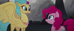 Size: 1920x804 | Tagged: safe, screencap, pinkie pie, princess skystar, classical hippogriff, earth pony, hippogriff, pony, my little pony: the movie, duo, duo female, female, looking at each other, smiling