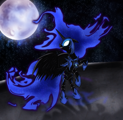 Size: 1259x1226 | Tagged: safe, artist:myhysteria, nightmare moon, alicorn, pony, armor, female, glowing eyes, grin, looking back, mare, moon, rearing, smiling, solo