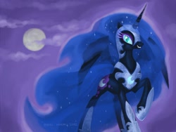 Size: 900x675 | Tagged: safe, artist:tschahri, nightmare moon, alicorn, pony, female, mare, moon, raised hoof, smiling, solo