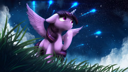 Size: 2000x1125 | Tagged: safe, artist:blackligerth, derpibooru import, twilight sparkle, twilight sparkle (alicorn), alicorn, pony, meteor, meteor shower, night, raised hoof, solo, spread wings, stars