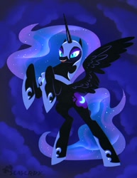 Size: 500x646 | Tagged: safe, artist:seagerdy, nightmare moon, alicorn, pony, abstract background, female, mare, rearing, solo