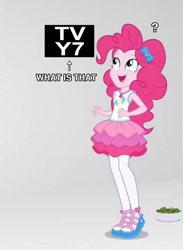 Size: 1048x1434 | Tagged: safe, edit, edited screencap, screencap, pinkie pie, better together, equestria girls, rollercoaster of friendship, breaking the fourth wall, cropped, food, fourth wall, geode of sugar bombs, question mark, salad, smiling, solo, tv rating, tv-y7