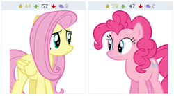 Size: 434x241 | Tagged: safe, artist:cyanlightning, derpibooru import, fluttershy, pinkie pie, earth pony, pegasus, pony, buckball season, derpibooru, duo, eye contact, juxtaposition, looking at each other, meta, vector