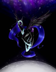 Size: 941x1200 | Tagged: safe, artist:naboolars, nightmare moon, alicorn, pony, ethereal mane, eyes closed, female, looking back, mare, moon, solo, spread wings, starry mane, the moon rises, wings