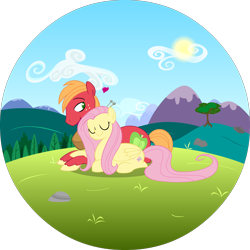 Size: 2048x2048 | Tagged: safe, artist:egophiliac, color edit, edit, big macintosh, fluttershy, earth pony, pegasus, pony, colored, colored pupils, eyes closed, female, floating heart, fluttermac, heart, male, mare, ponyloaf, prone, shipping, simple background, stallion, straight, transparent background