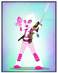 Size: 791x1000 | Tagged: safe, artist:pixelkitties, pinkie pie, equestria girls, gun, gwenpool, sword, toy, weapon