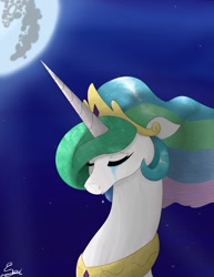 Size: 1280x1657 | Tagged: safe, artist:normgear2, princess celestia, alicorn, pony, bust, crying, lullaby for a princess, mare in the moon, moon, sad