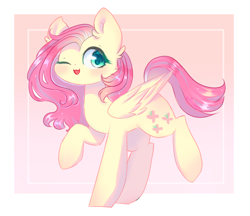 Size: 1000x864 | Tagged: safe, artist:melloncollie-chan, artist:whiskyice, fluttershy, pegasus, pony, female, folded wings, mare, one eye closed, raised hoof, raised leg, solo, wings, wink