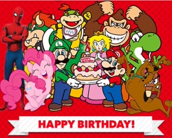 Size: 1800x1449 | Tagged: safe, edit, pinkie pie, earth pony, pony, bowser, bowser jr, donkey kong, happy birthday, luigi, mario, princess peach, scooby doo, spider-man, super mario bros., yoshi