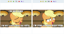 Size: 845x453 | Tagged: safe, derpibooru import, edit, edited screencap, screencap, applejack, earth pony, pony, where the apple lies, ah didn't listen, derpibooru, faic, female, filly, juxtaposition, liar face, liarjack, meta, open mouth, sweat, sweatdrop, teenage applejack